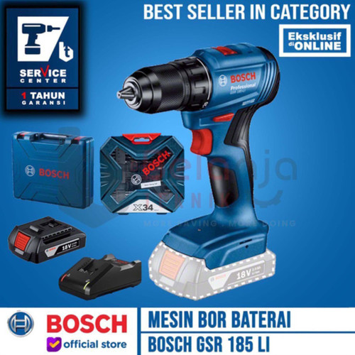 [EZM.3501491] Bosch Mesin Bor Baterai Cordless Drill GSR 185 LI 18V + X-line 34 Pcs