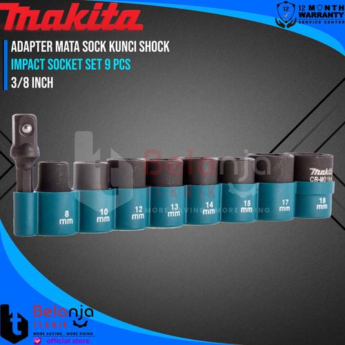 [EZM.3502686] Makita Impact Socket Set 9 Pcs With Adapter Mata Sock Kunci Shock 3/8