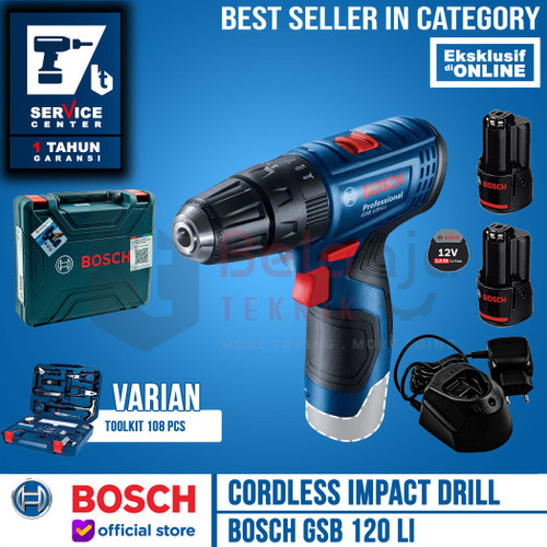 [EZM.3502781] PAKET BOSCH Mesin Bor Cordless GSB 120 LI Gen 3 dengan Toolkit 108 PCS