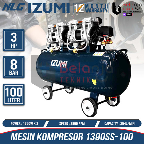 [EZM.3502982] Izumi NLG Mesin Kompressor Angin Portable Oilless 1390SS-100 Air Compressor 100L Tanpa Oli
