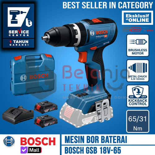 [EZM.3503159] Mesin Bor Tembok Baterai Bosch GSB 18V-65 Hammer Drill Brushless Cordless GSB 18V 65 13MM SET