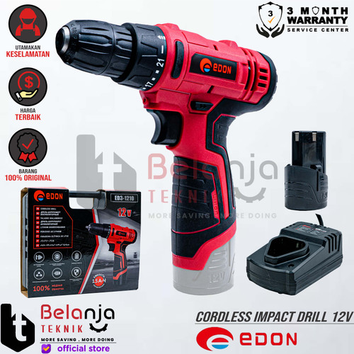 [EZM.3505693] Edon Mesin Bor Impact Drill ED3-1210 Mesin Bor Baterai 12V 10MM RED
