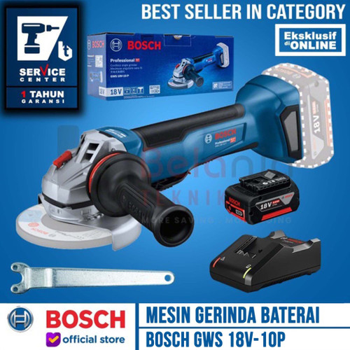 [EZM.3505848] Bosch Mesin Gerinda Baterai GWS 18V-10P Set Charger Battery 4Ah 18V