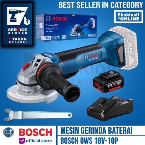 [EZM.3505848] Bosch Mesin Gerinda Baterai GWS 18V-10P Set Charger Battery 4Ah 18V
