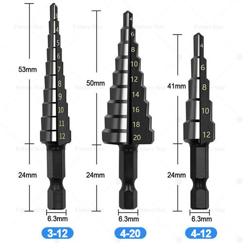 [EZM.3700095] Mata Bor Pagoda Besi 3 Pcs Set / Cone Step Drill Bits Set /Untuk Baja Spiral HSS Steel Titanium Coated Hole Saw 3-12mm/4-12mm/4-20mm For Sheet Metal, Stainless Steel, Aluminum, Plastic