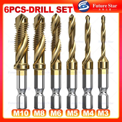 [EZM.3701202] Mata Bor Pembuat Ulir 6PCS Titanium Combination Drill and Tap Bit Set Metric M3-M10 HSS Screw Tapping Bits Twist Spiral Tapper Baut For Drilling Tapping Deburring Center Punch Tool 1/4" Hex Shank 3 Functions in 1