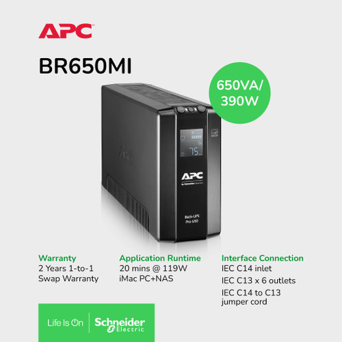 [EZO.0900186] UPS APC Back UPS Pro BR 650VA, 6 Outlets, AVR, LCD Interface BR650MI