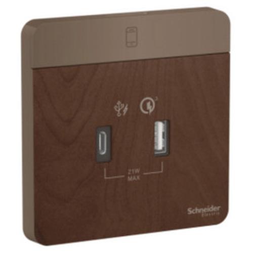 [EZM.4100382] Schneider Electric AvatarOn USB charger type A + type C Wood - E8332AC