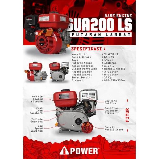 [EZM.1230156] BARE ENGINE DAN MESIN PENGGERAK SERBA GUNA AIPOWER SUA200 PLUS LS