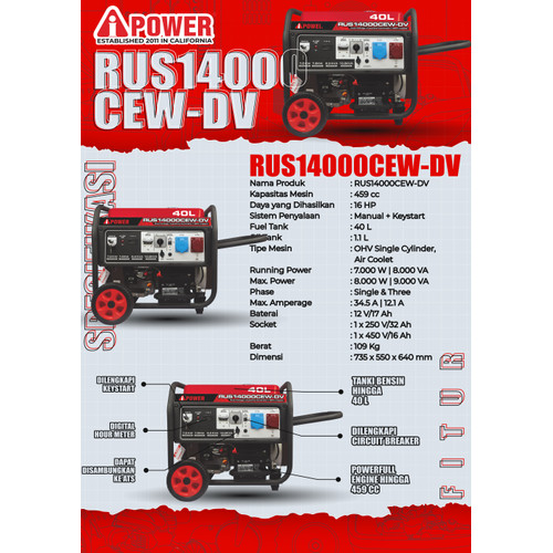 [EZM.1230678] AIPOWER GASOLINE GENERATOR DAN GENSET BENSIN RUS14000CEW-DV
