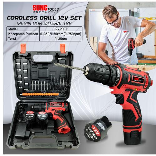 [EZM.4700436] SUNC TOOLS Cordless Drill Set 12V Mesin Bor Baterai Obeng Kunci Pas