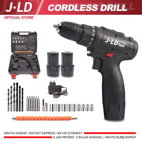 [EZM.4900127] Cordless Drill Mesin Bor JLD 12V Cas 2 Baterai 29pcs Tool Kits Hitam