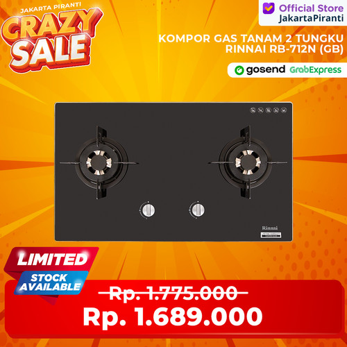 [EZM.5101601] Rinnai Kompor Gas Built-in Tanam 2 Tungku Rinnai RB-712N (GB) Glass