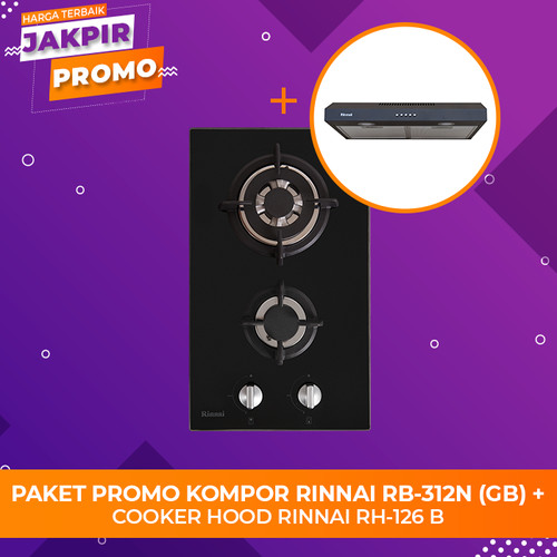 [EZM.5101759] Paket Promo Kompor Gas Rinnai RB-312N (GB) + Slim Hood Rinnai RH-126B