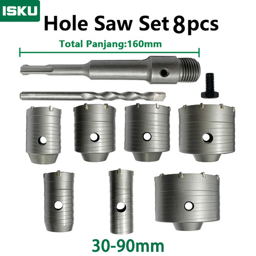 [EZM.5500052] ISKU Mata Bor hole saw beton lubang tembok beton/hollow core saw beton tembok pipa drill bit  30 40 50 60 65 80 90 mm full set 8pcs  perkakas alat pertukangan