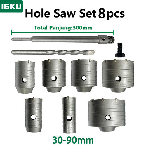 [EZM.5500053] ISKU Mata Bor hole saw beton lubang tembok beton/hollow core saw beton tembok pipa drill bit 30 40 50 60 65 80 90 mm full set 8 pcs