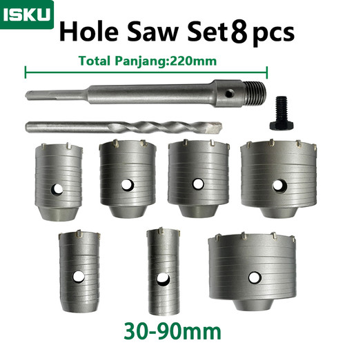 [EZM.5500054] ISKU Mata Bor hole saw beton lubang tembok beton/hollow core saw beton tembok pipa drill bit  30 40 50 60 65 80 90 mm full set8 pcs  perkakas alat pertukangan