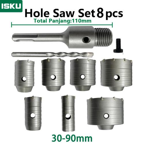 [EZM.5500055] ISKU Mata Bor hole saw beton lubang tembok beton/hollow core saw beton tembok pipa drill bit  30 40 50 60 65 80 90 mm full set 8 pcs  perkakas alat pertukangan