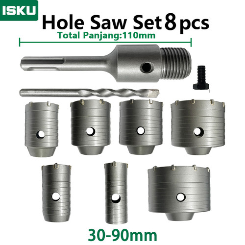[EZM.5500055] ISKU Mata Bor hole saw beton lubang tembok beton/hollow core saw beton tembok pipa drill bit  30 40 50 60 65 80 90 mm full set 8 pcs  perkakas alat pertukangan