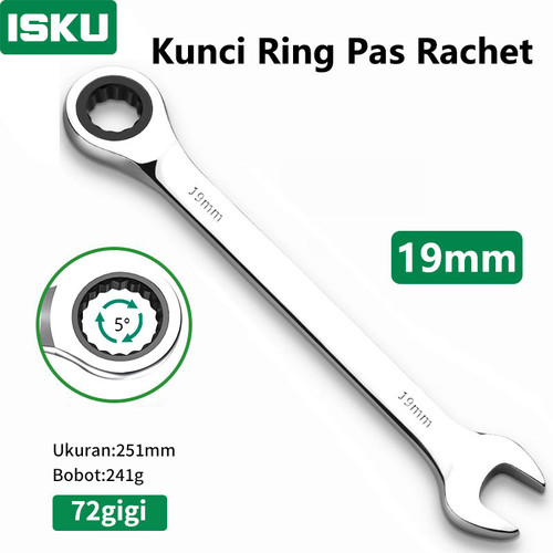 [EZM.5500124] ISKU kunci ring pas rachet 19 mm Besi tahan karat Bahan/ratchet wrench 72gigi/kunci ring pas bolak balik