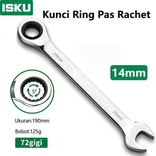 [EZM.5500127] ISKU kunci ring pas rachet 14 mm Besi tahan karat Bahan/ratchet wrench 72gigi/kunci ring pas bolak balik