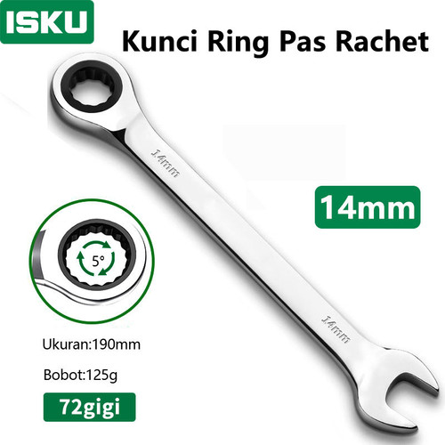 [EZM.5500127] ISKU kunci ring pas rachet 14 mm Besi tahan karat Bahan/ratchet wrench 72gigi/kunci ring pas bolak balik