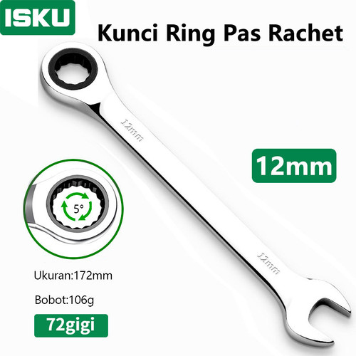 [EZM.5500129] ISKU kunci ring pas rachet 12 mm Besi tahan karat Bahan/ratchet wrench 72gigi/kunci ring pas bolak balik