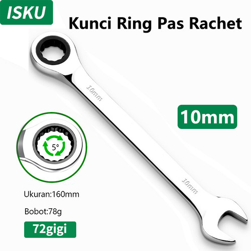 [EZM.5500130] ISKU kunci ring pas rachet 10 mm Besi tahan karat Bahan/ratchet wrench 72gigi/kunci ring pas bolak balik