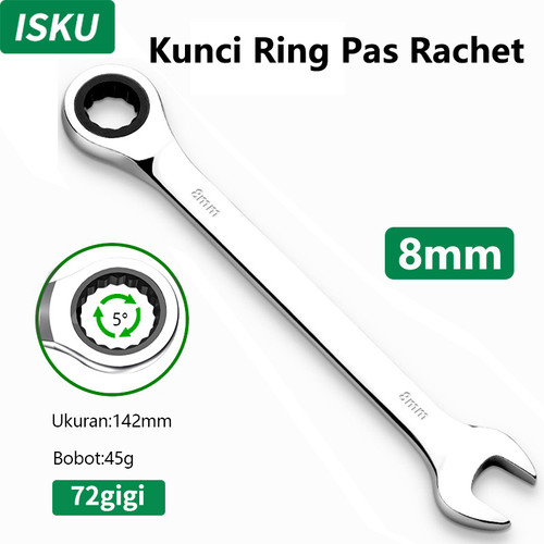 [EZM.5500131] ISKU kunci ring pas rachet 8 mm Besi tahan karat Bahan/ratchet wrench 72gigi/kunci ring pas bolak balik