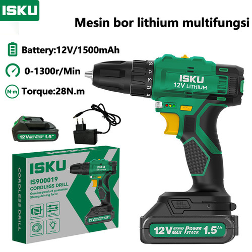 [EZM.5500140] ISKU mesin bor listrik 21v cordless electric drill 2 battery/ tangan drill impact cordless untuk 1.5-10mm torsi maksimum 40n.m tanpa sikat  mesin bor