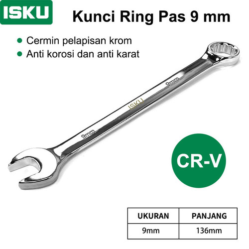 [EZM.5500269] ISKU Kunci ring pas 9 mm bolak balik spanner wrench bahan baja chrome vanadium/plum blossom open end combination wrench