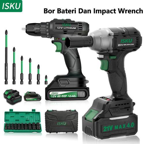 [EZM.5500270] ISKU misin bor baterai mulitifungsi 12v dan cordless 21v 350n.m torsi impact wench/impact baterai [paket set 4pcs]