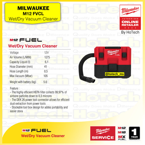 [EZM.5600016] MILWAUKEE | M12 FVCL | M12 FUEL Wet and Dry Vacuum Cleaner 12V with Capacity Liquid 6,1 Liter