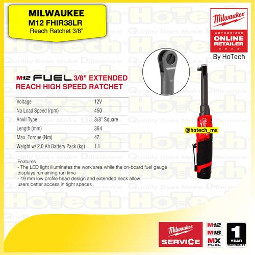 [EZM.5600024] MILWAUKEE | M12 FHIR38LR Extended Reach High Speed Ratchet 3/8" | Power Tools With Length 363 MM
