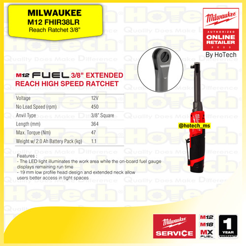 [EZM.5600024] MILWAUKEE | M12 FHIR38LR Extended Reach High Speed Ratchet 3/8" | Power Tools With Length 363 MM