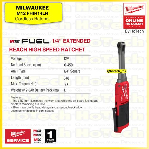 [EZM.5600025] MILWAUKEE M12 FHIR14LR | Power Tool Fastening 1/4" Extended Reach High Speed Ratchet | Mesin Ratchet  (Unit Only)