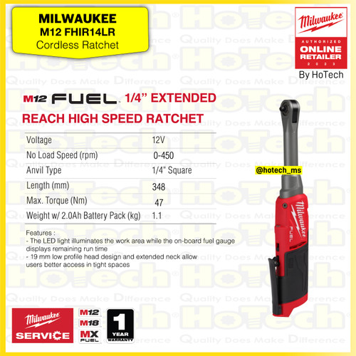 [EZM.5600025] MILWAUKEE M12 FHIR14LR | Power Tool Fastening 1/4" Extended Reach High Speed Ratchet | Mesin Ratchet  (Unit Only)