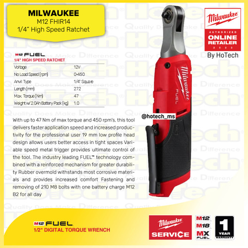 [EZM.5600076] MILWAUKEE Mesin Ratchet 1/4" | High Speed Ratchet M12 FHIR14 (unit only)