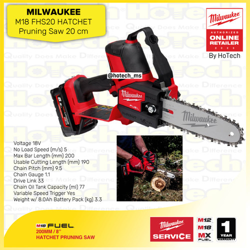 [EZM.5600080] MILWAUKEE Saw Machine | Gergaji Mesin 200mm M18 FHS20 - 200mm/ 8" Hatchet Prunning Saw