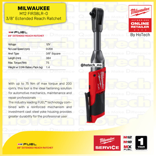 [EZM.5600085] MILWAUKEE  Mesin Ratchet  3/8" Extended Reach Ratchet M12 FIR38LR (unit only)