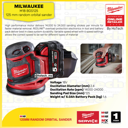 [EZM.5600091] MILWAUKEE Random Orbital Sander M18 BOS125 125mm (unit only)  | Mesin Amplas 125mm M18 BOS125