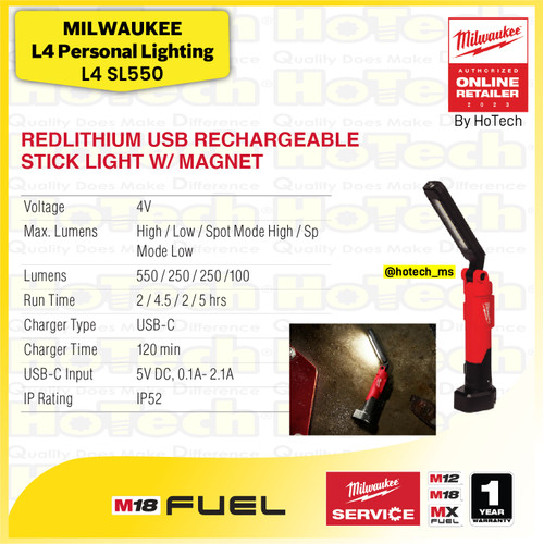 [EZM.5600093] Milwauke Stick Light L4 SL550 | Redlithium USB Rechargeable 550 Lumens W/Magnet