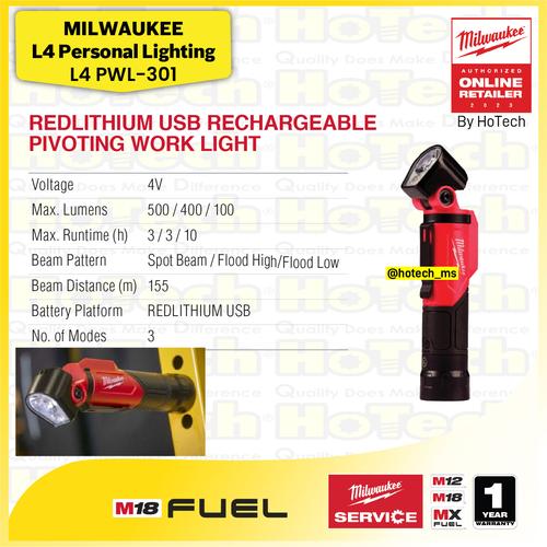 [EZM.5600094] Milwaukee L4 PWL-301 | REDLITHIUM USB Pivoting Flashlight 500 Lumens