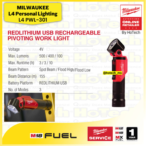 [EZM.5600094] Milwaukee L4 PWL-301 | REDLITHIUM USB Pivoting Flashlight 500 Lumens