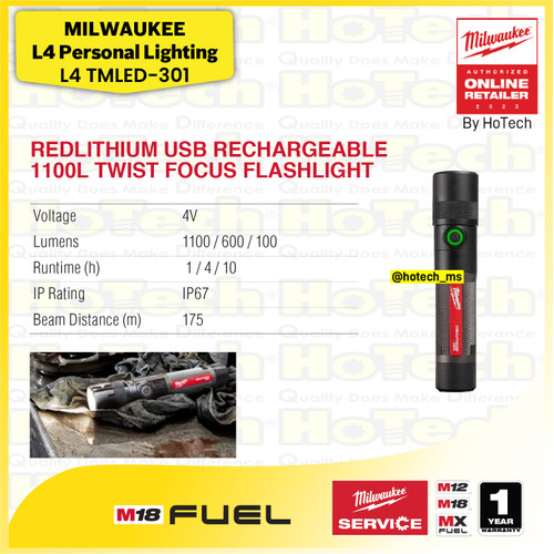 [EZM.5600095] Milwaukee L4 TMLED-301 | Rechargeable USB Twist Focus Flashlight | LED Flashlight with 1100 Lumens IP67