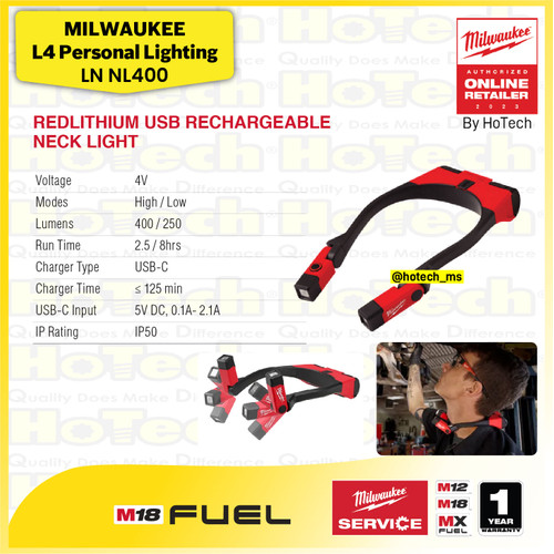 [EZM.5600096] Milwaukee Neck Light | Redlithium USB Rechargeable Neck Light | Lampu Leher NL400
