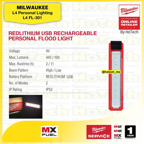 [EZM.5600098] Milwaukee Lighting L4 FL-301 | Redlithium USB Rechargeable Personal Flood Light 445 Lumens