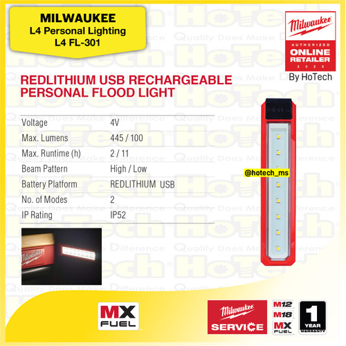 [EZM.5600098] Milwaukee Lighting L4 FL-301 | Redlithium USB Rechargeable Personal Flood Light 445 Lumens