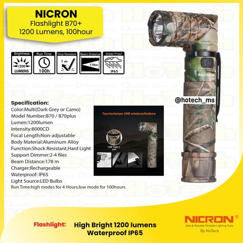 [EZM.5600121] Nicron B70+ 1200lm 90 degree Twist Flashlight - Jarak Cahaya 178 meter - Runtime 100 jam - Waterproof