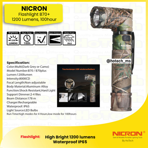 [EZM.5600121] Nicron B70+ 1200lm 90 degree Twist Flashlight - Jarak Cahaya 178 meter - Runtime 100 jam - Waterproof